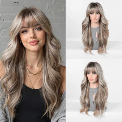 Cross border European and American style gradient gray gold long curly hair wig, air bangs, big waves, natural and realistic synthetic full head cover