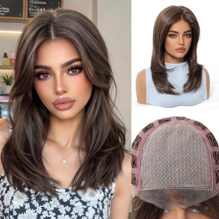 European and American wigs for women, high-end mono mesh, imported silk, natural and realistic split stitching, highlighted brown, medium split, long straight hair wigs
