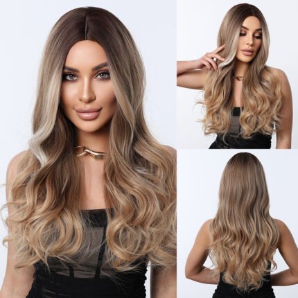 Elegant Long Wavy Ombre Brown Wig - Fashionable Synthetic Full Headpiece