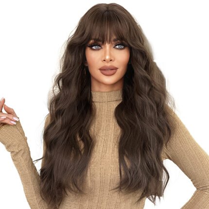 Natural Black Tea Brown Qi Bangs Long Curly Hair Wig Girls' Full Head Cover High Quality Wig for Daily Use