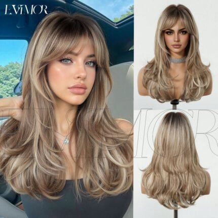 European and American wig women's full head set simulation natural eight character bangs long curly hair atmosphere lazy style full head wig set