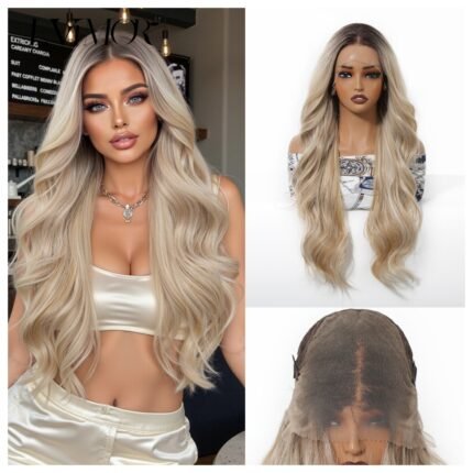 European and American style cross-border gradient gray gold wave 13 * 6 large area lace wig hand woven natural and realistic full head cover