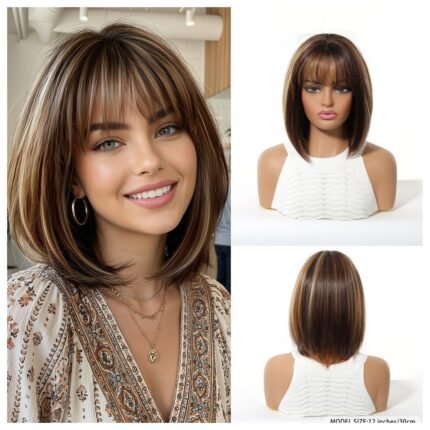 Cross border gradient brown wig, dyed bob, air bangs, short straight hair, natural and realistic synthetic hair, full head