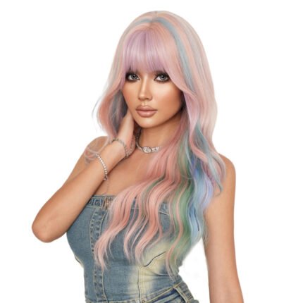 Wig Women's Long Hair Paris Painted Tyed Rainbow Long Curly Hair Large Wave Full Headgear