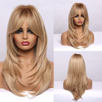 Full Head Cover Eight Character Liu Gradient Blonde Tail Roll High Temperature Silk Chemical Fiber Wig Women