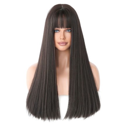 Black Tea Long Straight Hair Wig Women's Artificial Full Top Full Head Cover High Quality Chemical Fiber Wig with Straight Bangs