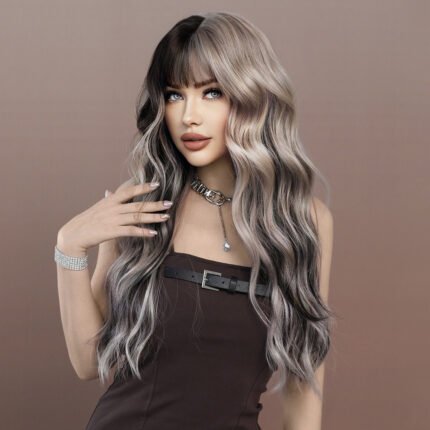 Fashion women long curly hair silver gray highlight wig full head big wave street Christmas Halloween wig