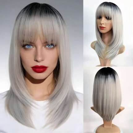 Gradient Gray Medium Long Straight Hair Straight Bangs High Temperature Silk Women High Level Clavicle Hair Wig