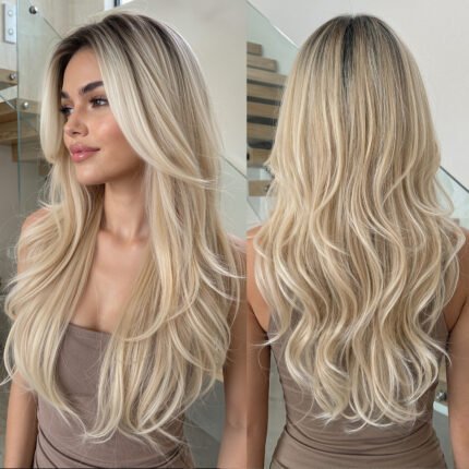 European and American style gradient platinum long curly hair wig with eight character bangs, fluffy natural high-temperature silk material