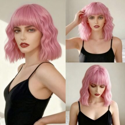 Wig, women's air bangs, wool curls, medium long hair, small curly hair, high temperature silk headband