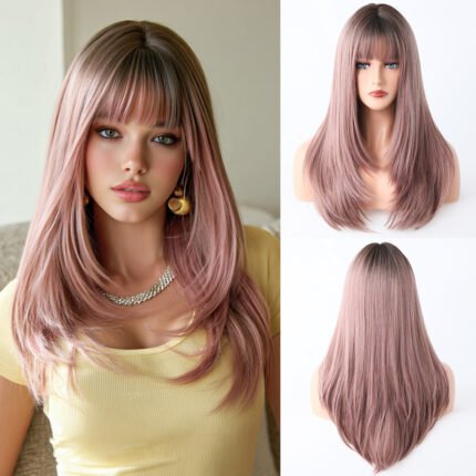 High Level Wig Women's Air Bangs Straight Hair Full Head Cover Brown Daily Fluffy High Quality Chemical Fiber Wig