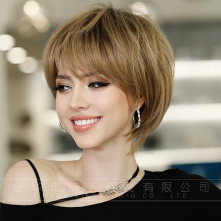 Middle-aged female wig short hair golden brown frosted hair mother cover white hair artificial human wig full head cover