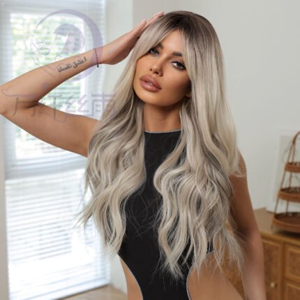 Eight-character bangs overhead heat-dyed light gray fluffy large wave long curly hair full head wigs