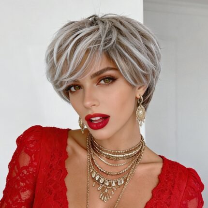 Cross border wig for women, short straight hair, light gold, European and American fashion, synthetic fiber dyeing, high-temperature silk, supports wholesale from cross-border manufacturers