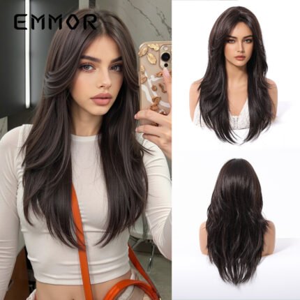 Eight character bangs, facial contouring, high-level natural black, long hair, slightly curly wig, full head hairstyle