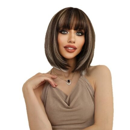 Brown bobo head wig women's neat bangs short straight hair chemical fiber mechanism high temperature silk full head cover