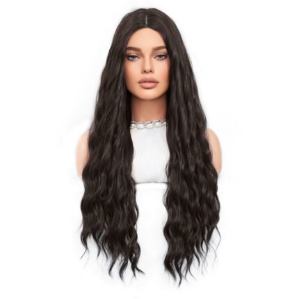 Black long hair body wavy long curly hair split natural chemical fiber full head cover Black Wigs