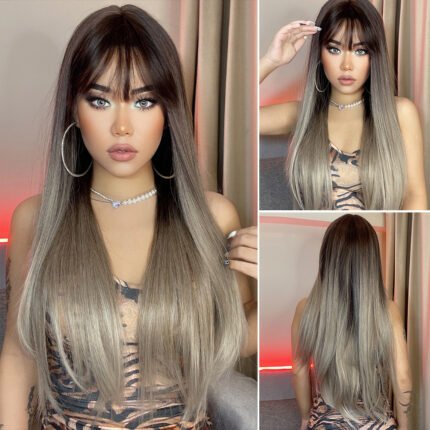 New Qi Liu Hai Gradient Grey Long Straight Fiber High Temperature Silk European and American Style Wigs