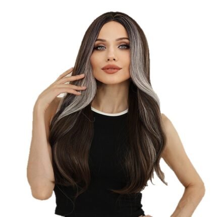 New Women's Mid-Spotted Long Curly Hair Fashionable Black Gradient Grey Brown Big Wave Full Head Wig