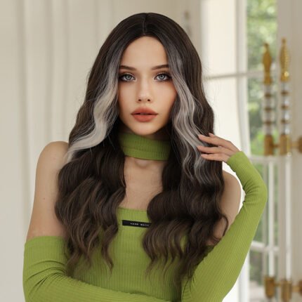 Women's Mid Wool Roll Fluffy Long Curls Fashion Gradient Grey Brown Mechanism Full Head Cover