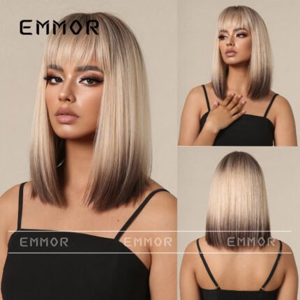 Clavicle Short Hair Straight Hair Gradient Golden Simulation Scalp Natural Mid-Long Hair Full Head Cover