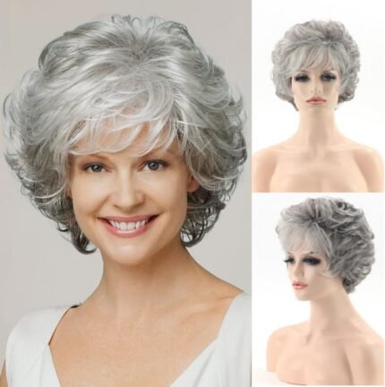 Fashion women's wig chemical fiber high temperature silk silver gray short curly hair headgear