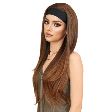 Black Turban Hair Band Wig Women's Layered Straight Hair Golden Brown Full Head Cover Fluffy Daily Wear