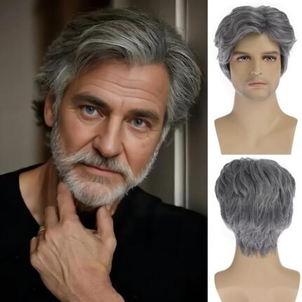 New Wig for Middle-aged and Elderly Men's Grey Partial Short Headgear Fashionable Fluffy Natural Chemical Fiber Wig