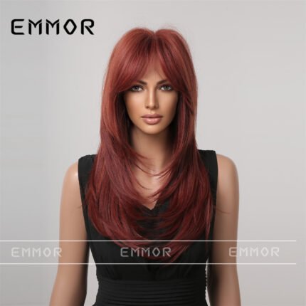 Gradient synthetic wig full head cover is hot selling with bangs and medium to long straight hair