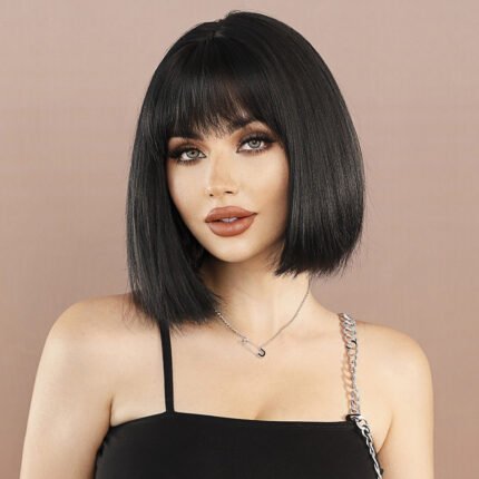 Black short hair bob bob wig female black neat bangs short straight hair set chemical fiber wig