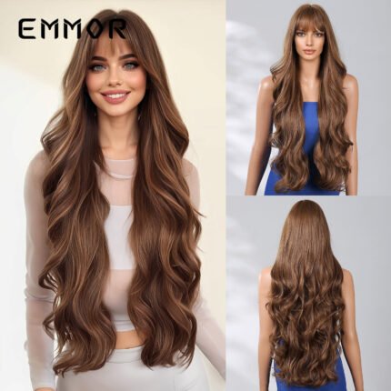 New Arrival Women's Qi Bangs Dark Brown Big Wave Fashion Long Curly Wig Full Hair Wigs