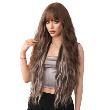 High quality 36in extra long wig women's wavy curly hair neat bangs brown highlights gray heat resistant synthetic fiber wig