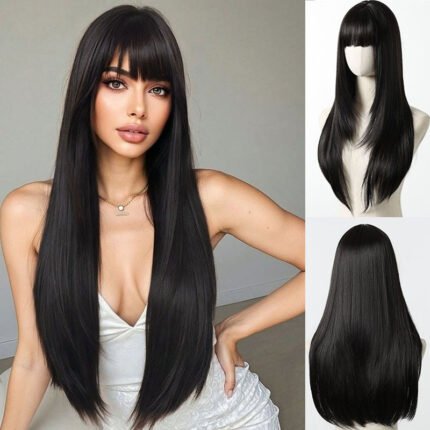 Fashion air bangs long straight hair ladies fluffy natural chemical fiber full head black wig