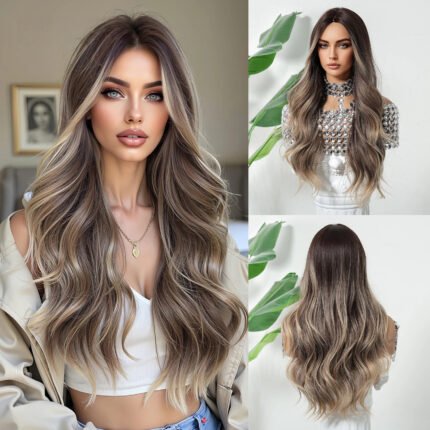 Cross border new wig for European and American foreign trade, women's hair with gradient brown, long curly hair, big waves, full head set wig