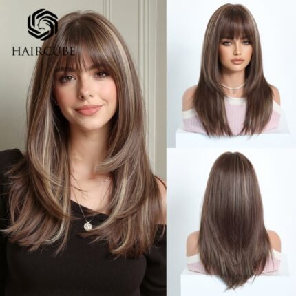 Wig Women's High Temperature Silk Chemical Fiber Hair Blank Brown Medium Long Hair Wig Headgear