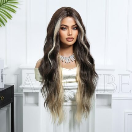28inch highlight dye wig mechanism chemical fiber hair head cover middle split ear dyed long curly hair head cover female cross-border big wave