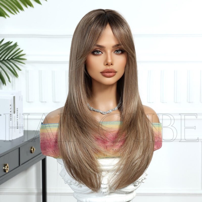 Blonde Layered Long Straight Wig with Curtain Bangs lace front wig side view - WigBloom