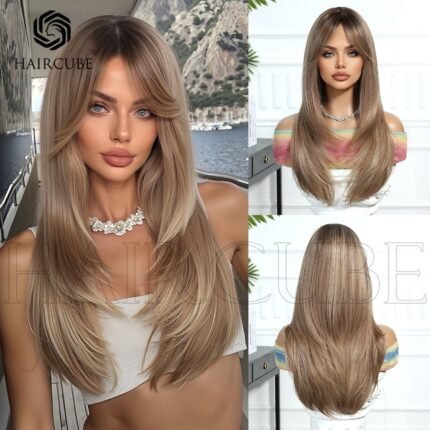 Wig Headgear Natural Chemical Fiber Wig Blonde Long Straight Hair Layers with Eight-character Bangs 24inch Headgear