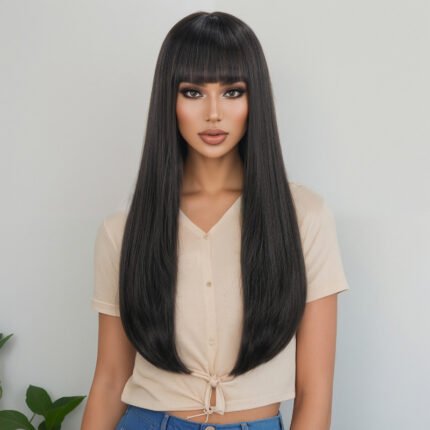 Ophelia by WigBloom | Black Long Straight Wig with Bangs