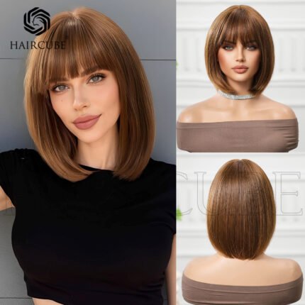 Wig Style Straight Bangs Brown Burgundy Shoulder BOBO Short Straight Wig Full Head Wigs - Heat Resistant Synthetic Straight Wig