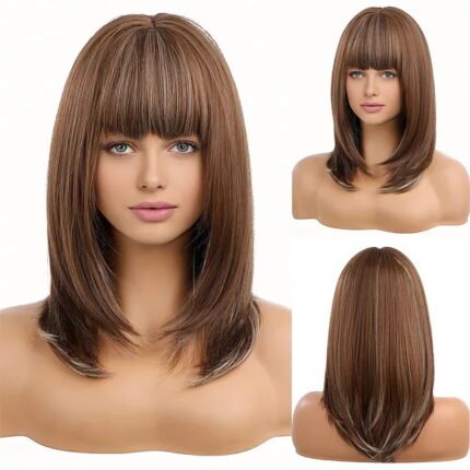 Wig Headgear White Gold Gradient Wavy Long Curly Hair with Eight-character Bangs - Heat Resistant Synthetic Curly Wig
