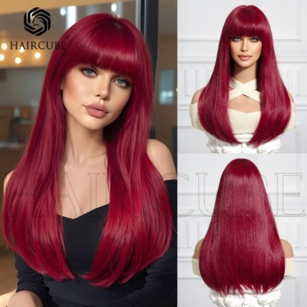 LC6044-1 Wig Wine Red Long Straight Hair Hea lace front wig front view - WigBloom