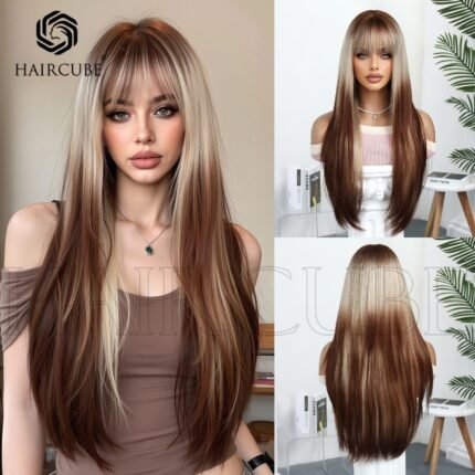 Siamese Wig Straight Bang Women's Curly Hair Atmosphere Layered Brown Double Dye Natural Wig Mechanism Headgear - Heat Resistant Synthetic Straight Wig