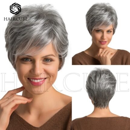 New Wig Women's European and American Fashion Short Straight Hair White Gray Mixed Color Real Hair Short Hair Headgear Women - Heat Resistant Synthetic Straight Wig