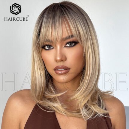 Long Straight Golden Bangs Wig by W lace front wig side view - WigBloom