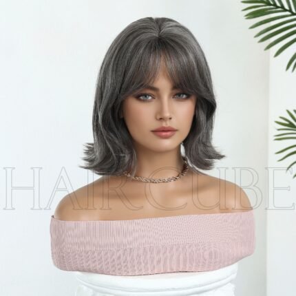 Gray Women's Short Wig with Eight-charac lace front wig side view - WigBloom
