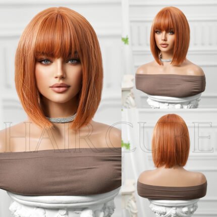 Red Wig Style Straight Bangs Brown Burg lace front wig side view - WigBloom
