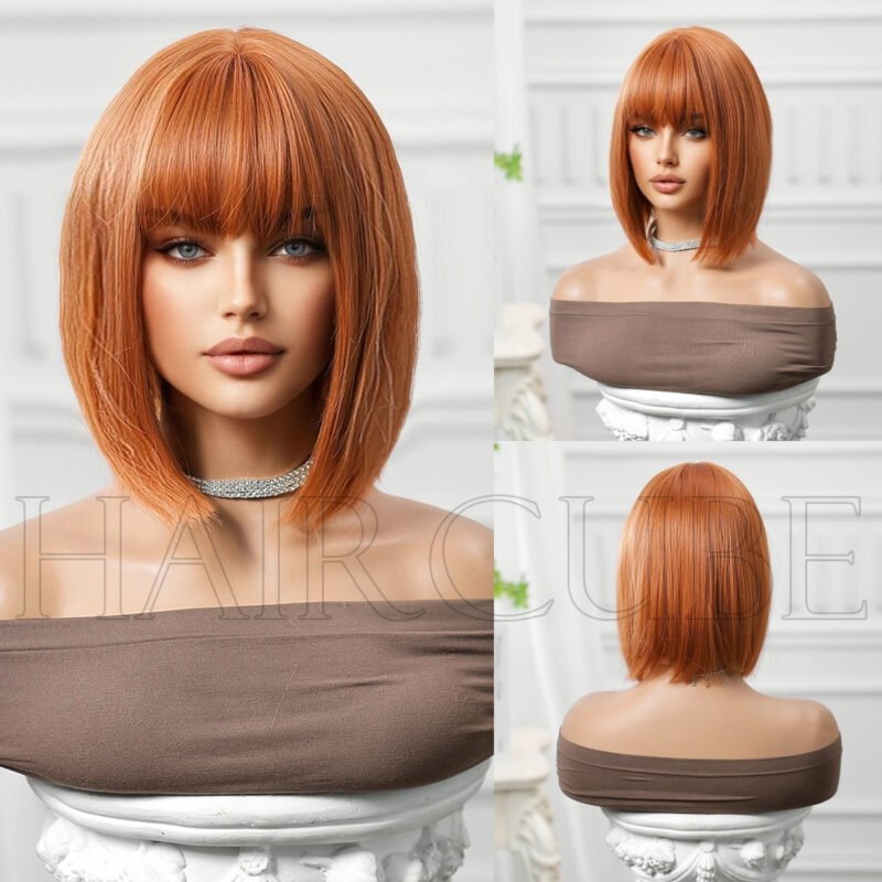 Red Wig Style Straight Bangs Brown Burg lace front wig side view - WigBloom