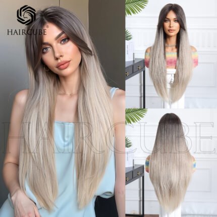 Long Straight Wig Headgear Gradient Dye Middle Comfortable Natural Full Head Wig 28inch - Heat Resistant Synthetic Straight Wig