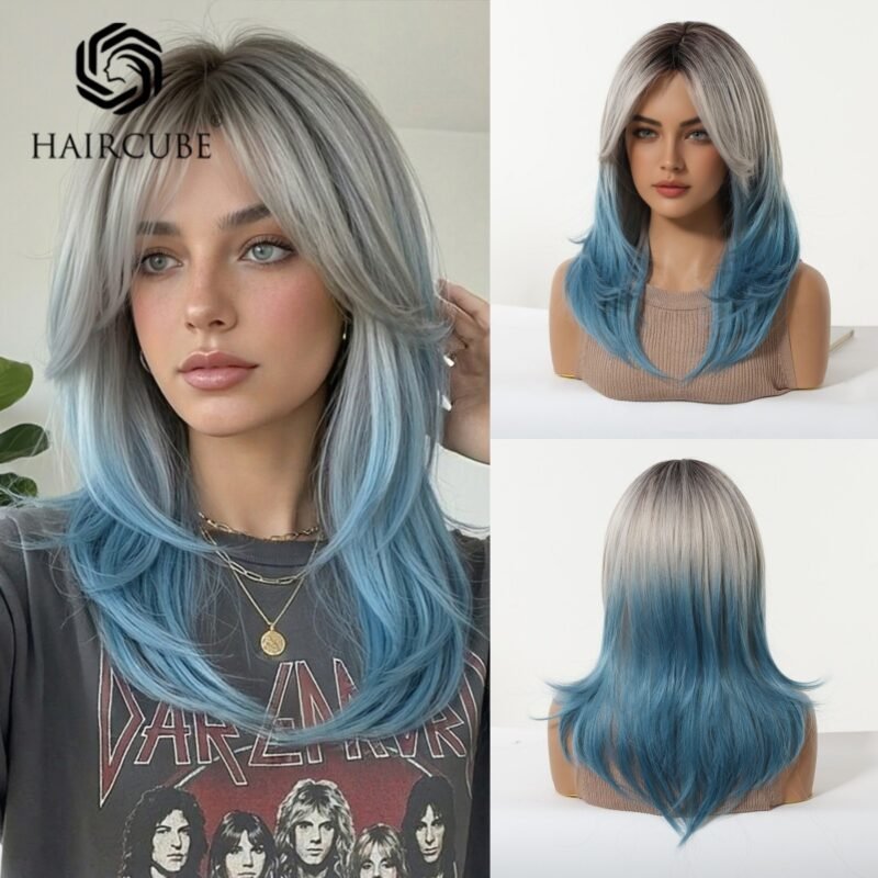 Gradient blue Wig Women's Blue and White Gradient lace front wig front view - WigBloom